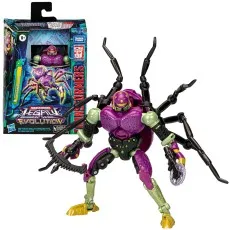 Transformers Legacy Evolution Tarantulas action figure, purple spider-bot with green accents, next to its packaging.