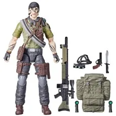 G.I. Joe Classified Tunnel Rat figure posed next to his extensive gear, including a large machine gun and backpack.