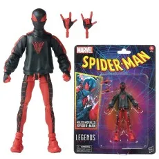 Miles Morales Spider-Man Legends figure in black hoodie and red pants, next to its retro-card packaging and extra hands