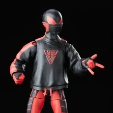 Close-up of the Miles Morales action figure pointing forward, highlighting the vibrant red boots and accents..