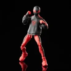 Miles Morales action figure in a black hoodie and red suit, standing in a ready, slightly crouched combat stance..