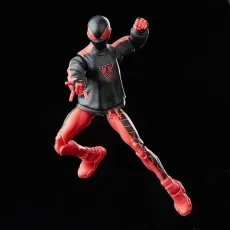 Miles Morales Spider-Man figure in a black and red costume, mid-air pose, against a solid black background.