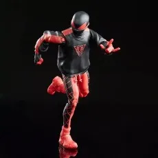 Miles Morales Spider-Man figure in a dynamic running pose, wearing a black hoodie over a red suit with black webbing.