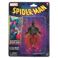 Miles Morales Spider-Man Legends action figure in black hoodie and red pants, sealed on a retro-style blister card.