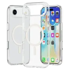 Clear MagSafe phone case shown separated and attached to an iPhone displaying app icons on its screen