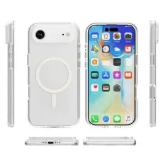 Transparent protective case next to an orange phone, showing the built-in white magnetic charging ring.