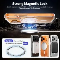 MagSafe phone case ad showing Strong Magnetic Lock with 1,200g force, demonstrating attachment to a charger.