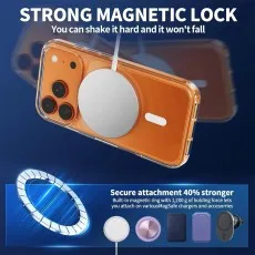 Marketing image showing an orange phone in a clear case strongly attached to a MagSafe charger; text notes Strong Magnetic Lock.