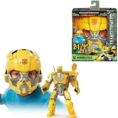 Bumblebee roleplay mask worn by a child, shown with the matching yellow robot action figure and its packaging.