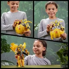 Three panels show a child transforming a yellow Bumblebee toy from its vehicle mode into a robot figure.