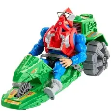 Mekaneck action figure from Masters of the Universe riding his green Ground Ripper vehicle.