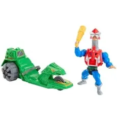 MOTU Mekaneck action figure shown separately and riding the green, single-wheel Ground Ripper vehicle.