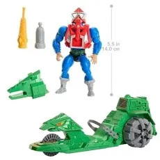 MOTU Mekaneck action figure, Ground Ripper vehicle, and accessories displayed with a $5.5text{ in}$ size notation.