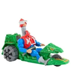 MOTU Mekaneck figure with extended neck riding the green Ground Ripper vehicle against a white background.