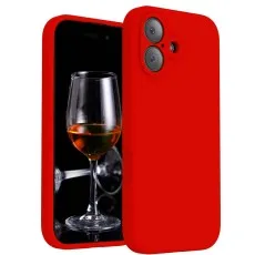 iphone 17 Red silicone phone case shown both on a smartphone with a mountain wallpaper and lying next to it.