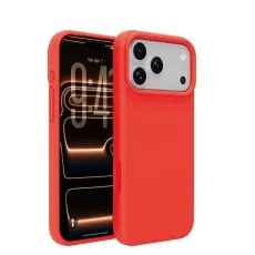 iphone 17 pro silicone phone case Red shown with a mountain wallpaper and detached.