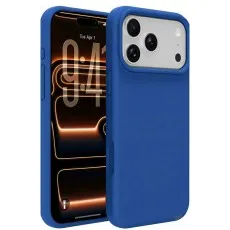iphone 17 pro silicone phone case Blue shown with a mountain wallpaper and detached.