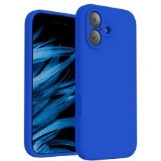 iphone 17 Blue silicone phone case shown both on a smartphone with a mountain wallpaper and lying next to it.