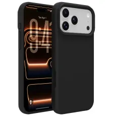 iphone 17 pro silicone phone case Black shown with a mountain wallpaper and detached.