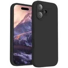 iphone 17 Black silicone phone case shown both on a smartphone with a mountain wallpaper and lying next to it.