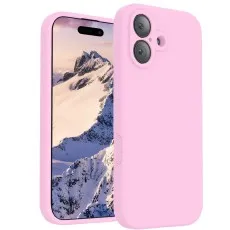iphone 17 pink silicone phone case shown both on a smartphone with a mountain wallpaper and lying next to it.