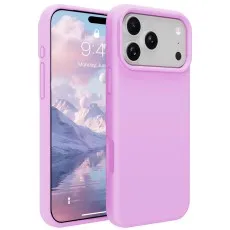 iphone 17 pro silicone phone case pink shown with a mountain wallpaper and detached.