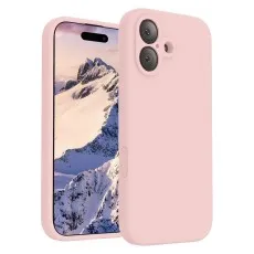 iphone 17 rose silicone phone case shown both on a smartphone with a mountain wallpaper and lying next to it.
