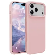 iphone 17 pro silicone phone case Rose shown with a mountain wallpaper and detached.