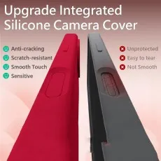 Comparison of two phone cases highlighting the Upgrade Integrated Silicone Camera Cover features..