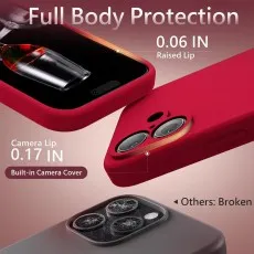 Full body protection showing a red case with a 0.06 IN screen lip and a 0.17 IN camera lip vs. broken camera lenses.