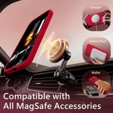 Red phone case on a car mount, compatible with MagSafe accessories like charger, battery pack, and wallet.