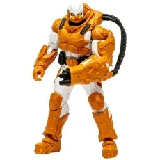 DC Multiverse Heat Wave action figure in white and orange armor, with a large arm-mounted flamethrower.