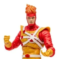 Close-up of a Firestorm action figure in red and yellow costume with bright orange flame hair against a white background.