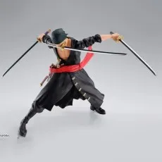 Action shot of the Zoro figure with green hair, showing intense facial expression and swordplay.