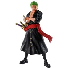 Full-body Roronoa Zoro action figure in black kimono and red sash, holding his three swords.