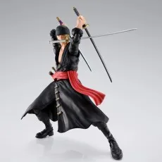 One Piece Zoro in black kimono attacking with two swords extended outward on a light background.