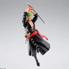 Roronoa Zoro action figure in a jumping pose, holding a katana above his head ready to strike