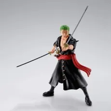Roronoa Zoro action figure in a wide stance, drawing two katanas in a dynamic combat pose.