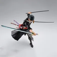 Roronoa Zoro figure demonstrating Santoryu (three-sword style) pose against a gray background.