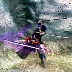 Roronoa Zoro figure performing Santoryu amidst swirling wind and debris, possibly from Wano