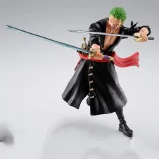 Roronoa Zoro figure using Santoryu, wielding two swords while preparing to bite a third.