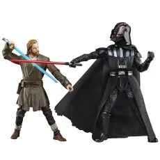 Obi-Wan Kenobi figure with blue saber dueling Darth Vader figure with exposed face and red saber.