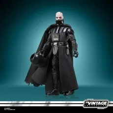 Darth Vader Vintage Collection figure shown unmasked with his helmet held in one hand against a teal background.