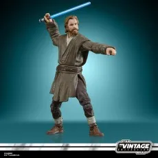 Obi-Wan Kenobi Vintage Collection figure wielding a raised blue lightsaber against a teal background.