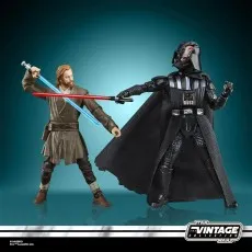 Star Wars action figures showing Obi-Wan in robes fighting Darth Vader from the Disney+ series.