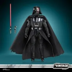 Star Wars Vintage Collection Darth Vader figure with damaged helmet, red saber, and hilt accessories.