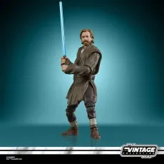 Star Wars Vintage Collection Obi-Wan Kenobi figure holding a raised blue lightsaber on a teal backdrop.