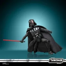 Vintage Collection Darth Vader figure in an action pose with a red lightsaber against a teal background.