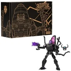 Black and purple Transformers Antagony action figure with a black box showing wireframe art.