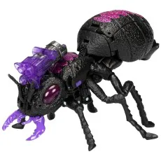 Transformers Antagony figure in black antinsect alt mode with a purple weapon attached to its back.